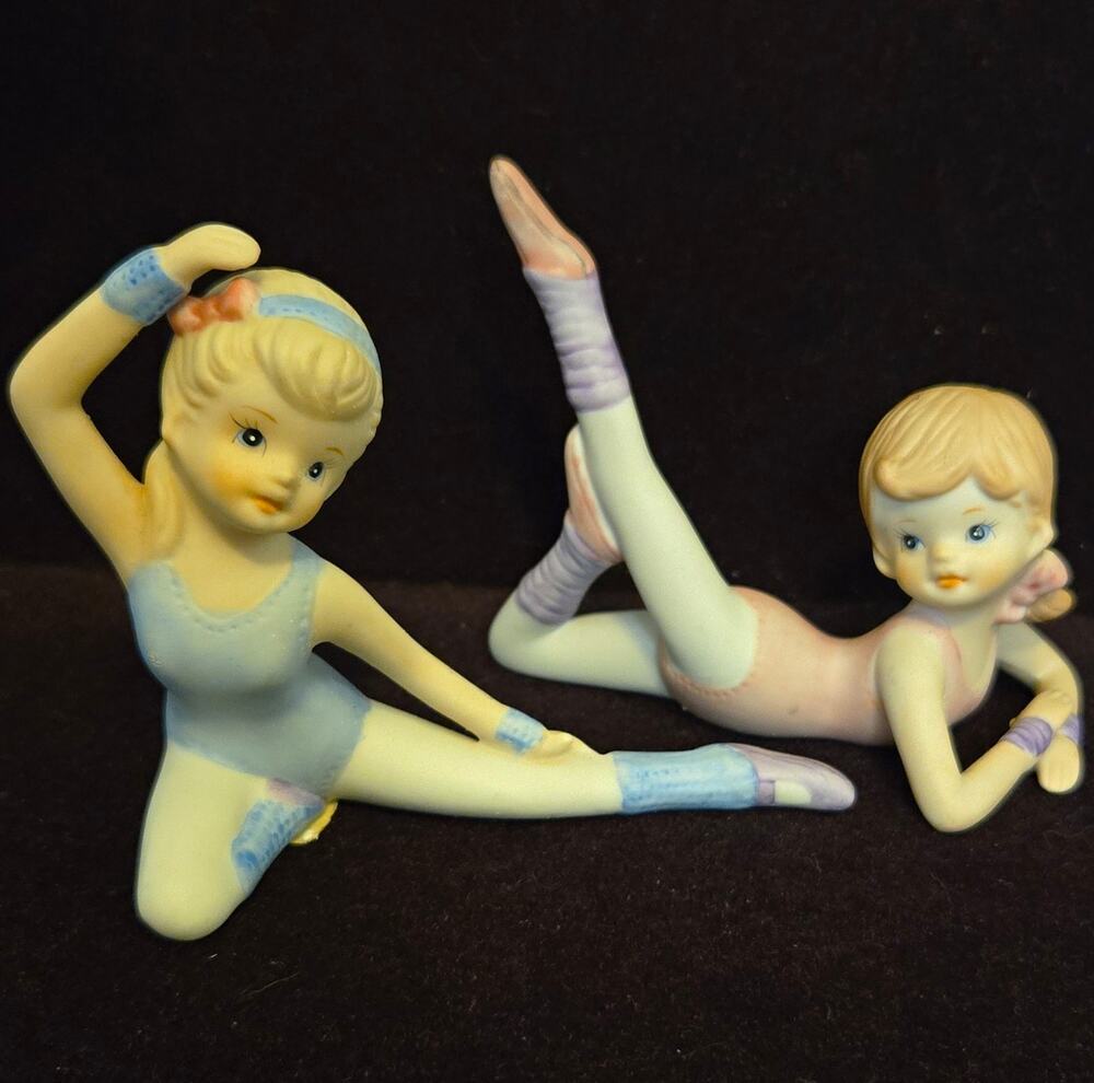 Vintage Homco 1406 Porcelain Ballerina Figurines Girls Blue Pink Gymnast Set 2